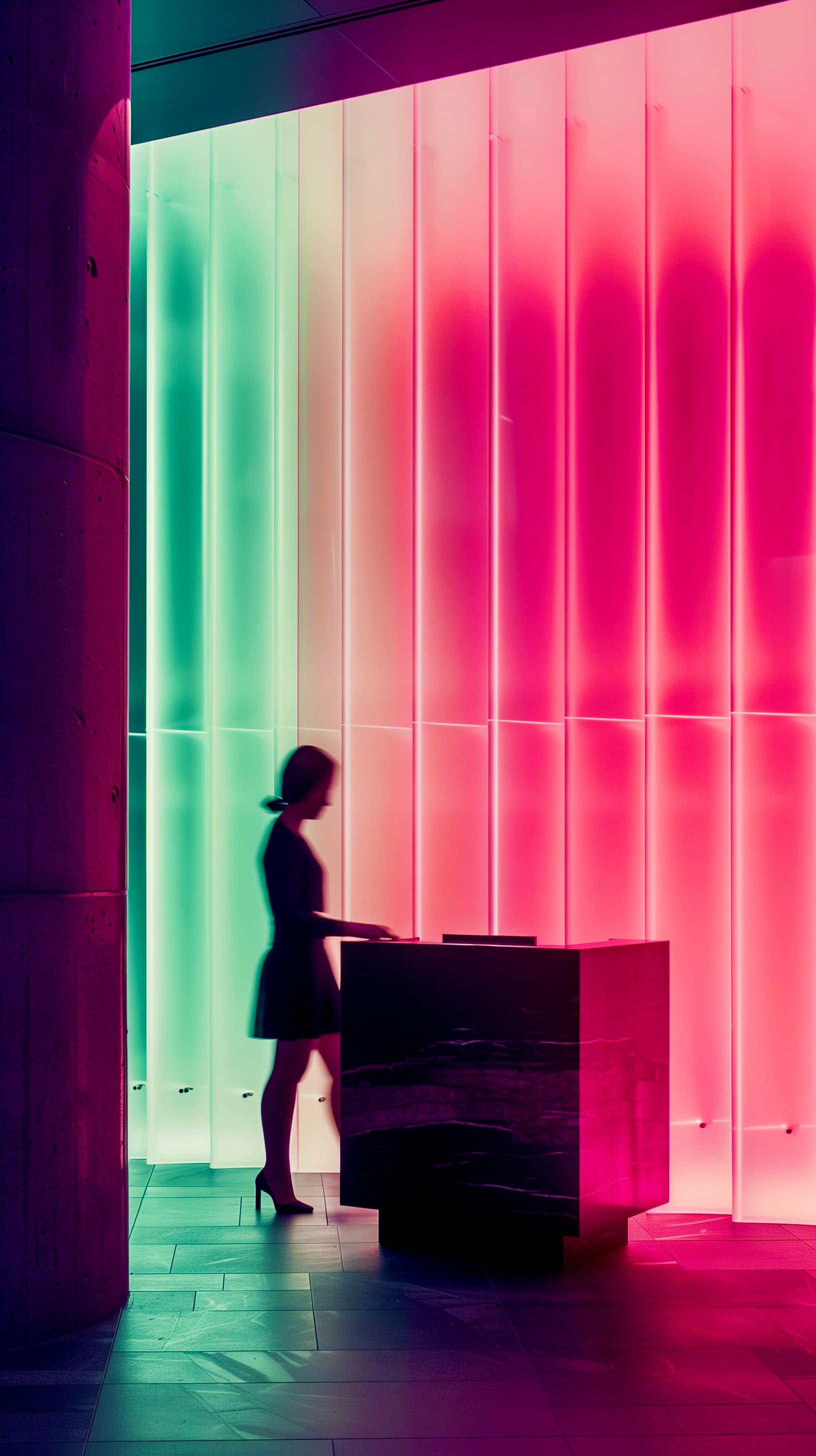 AI generated: architectural photography, perspective, interior space, vertical light panels transition from pink t...