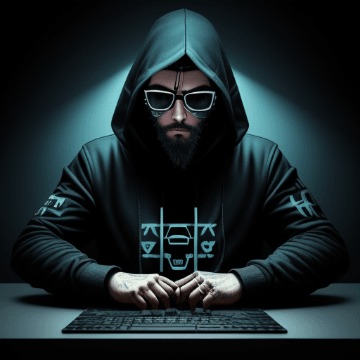 AI generated: hacker, cuarto oscuro, codificador, computadora, hombre, barba mediana, genial, grunge, (mecanografí...