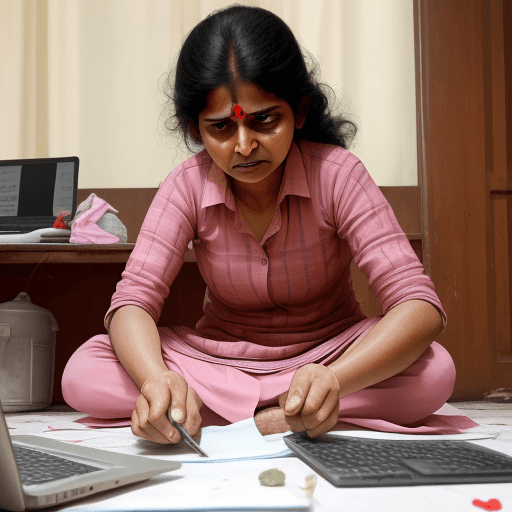 AI generated: a frustrated india women working from home and taking care of household

