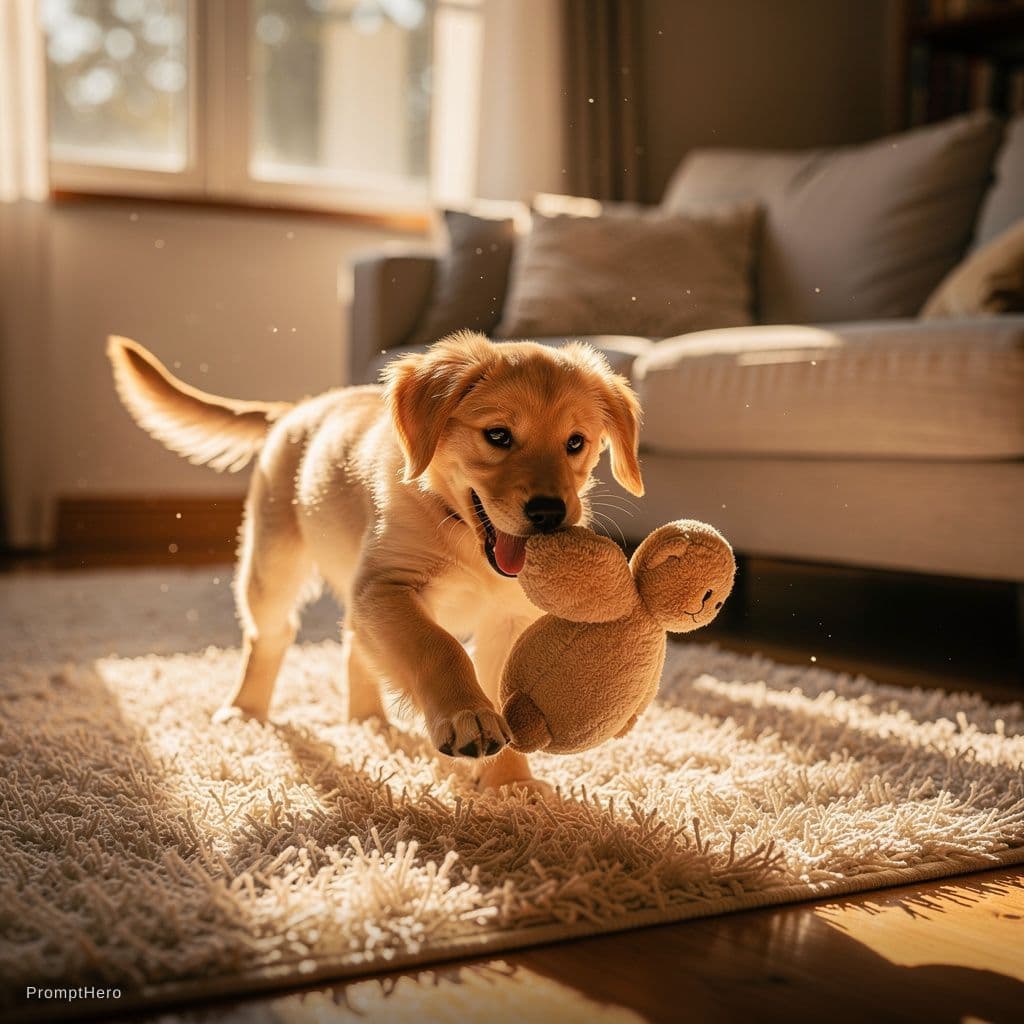 AI generated: Happy puppy playing in a warm home with soft sunlight, happy ending, realistic