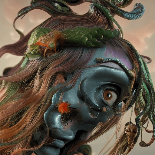AI generated: Goddess close-up portrait ribcagel. jellyfish phoenix head, nautilus, orchid, skull, betta fish, bio...