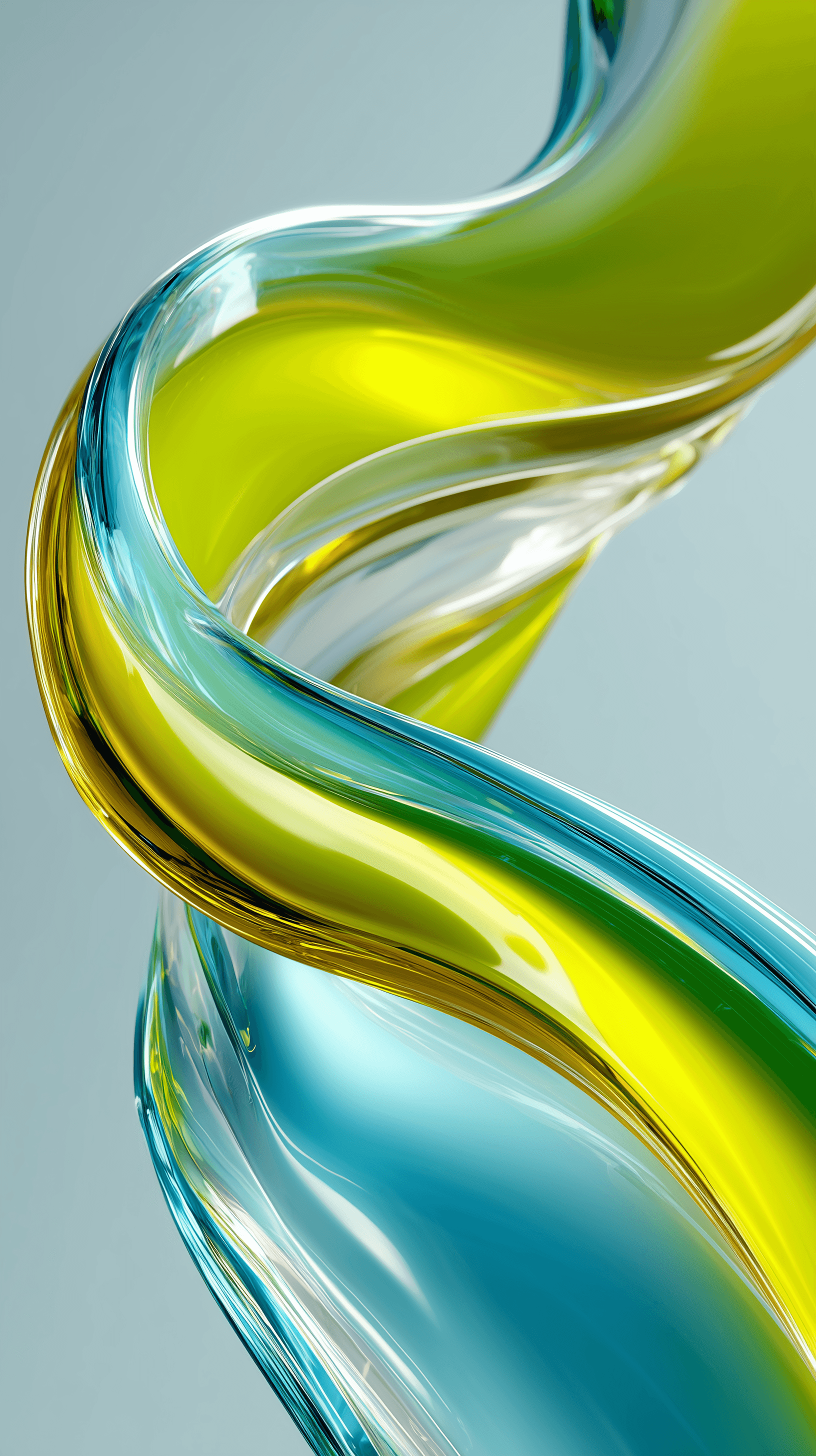 AI generated: high detrailed rendering, abstract liquid glassmorphism, translucent wavy ribbon, blue and lime gree...