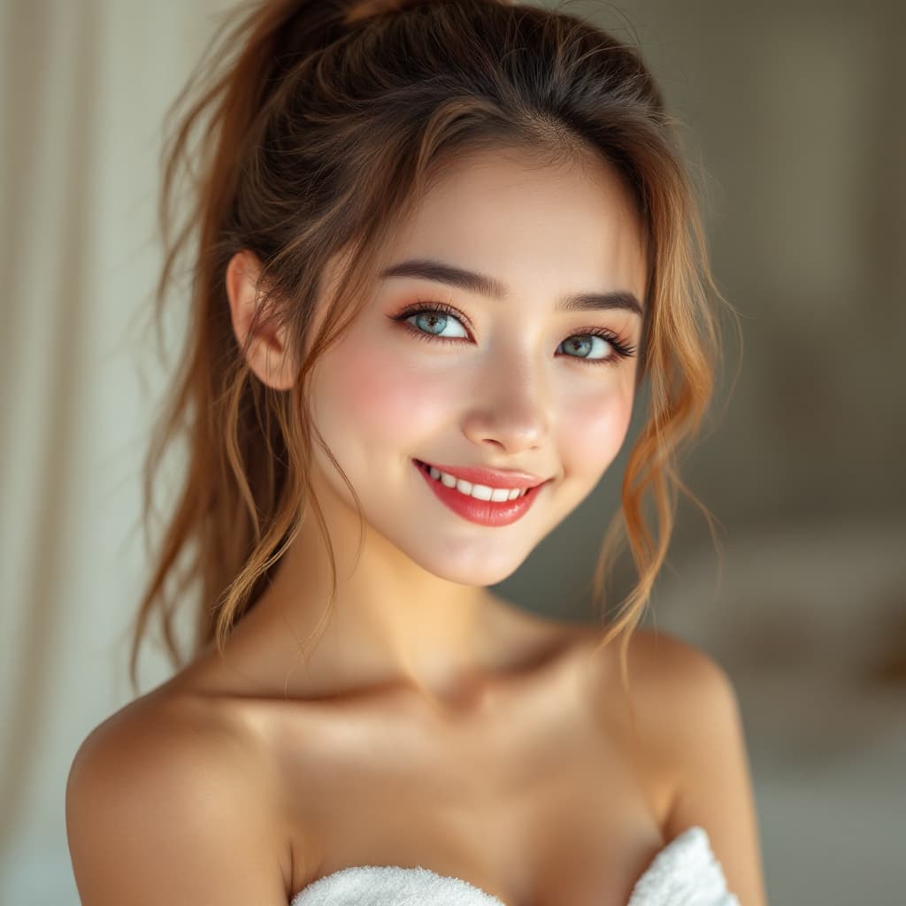 AI generated: A portrait of a young Thai woman with light brown hair in a high ponytail, smiling softly with blue ...