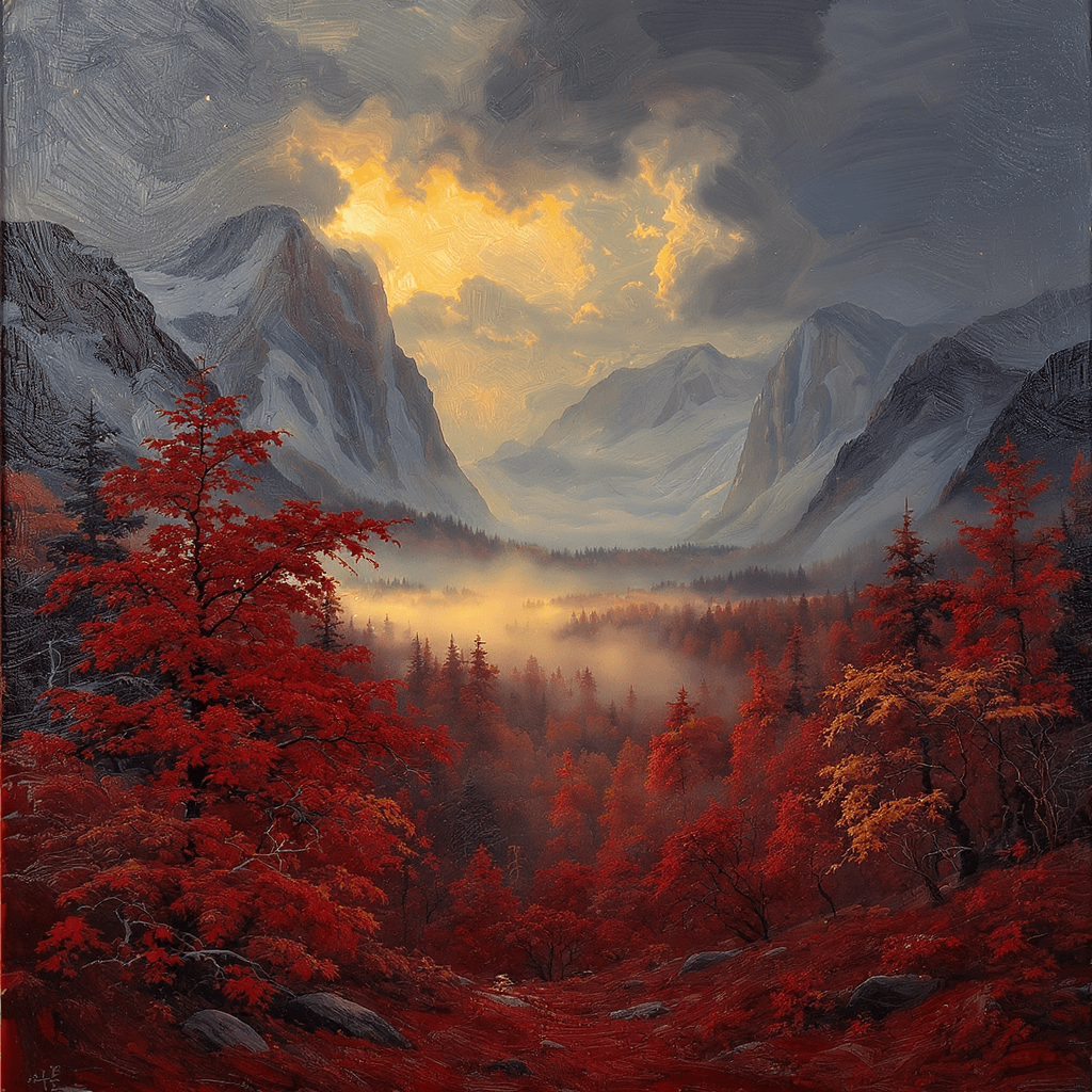 AI generated: A dramatic autumn landscape with jagged mountains in the distance and a vibrant crimson and orange f...