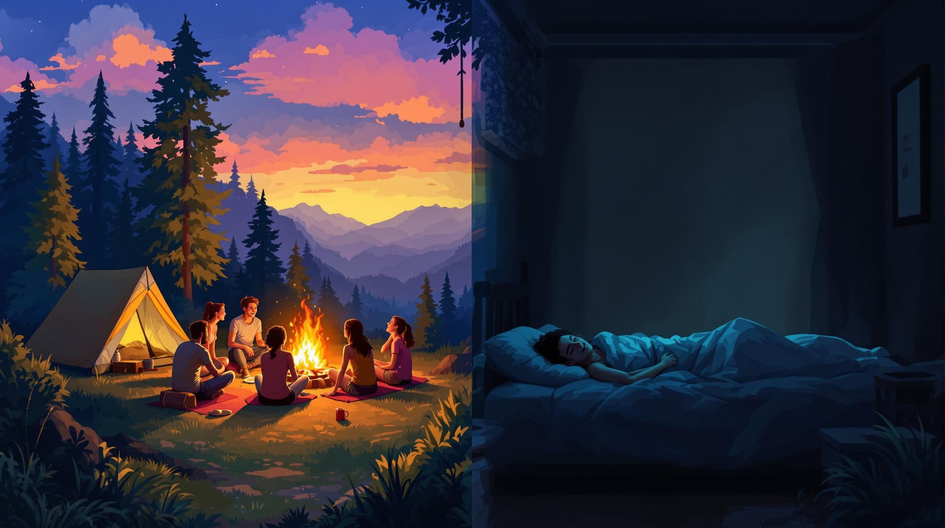 AI generated: Create a split-scene digital painting in an artful, illustrative style that seamlessly blends two co...