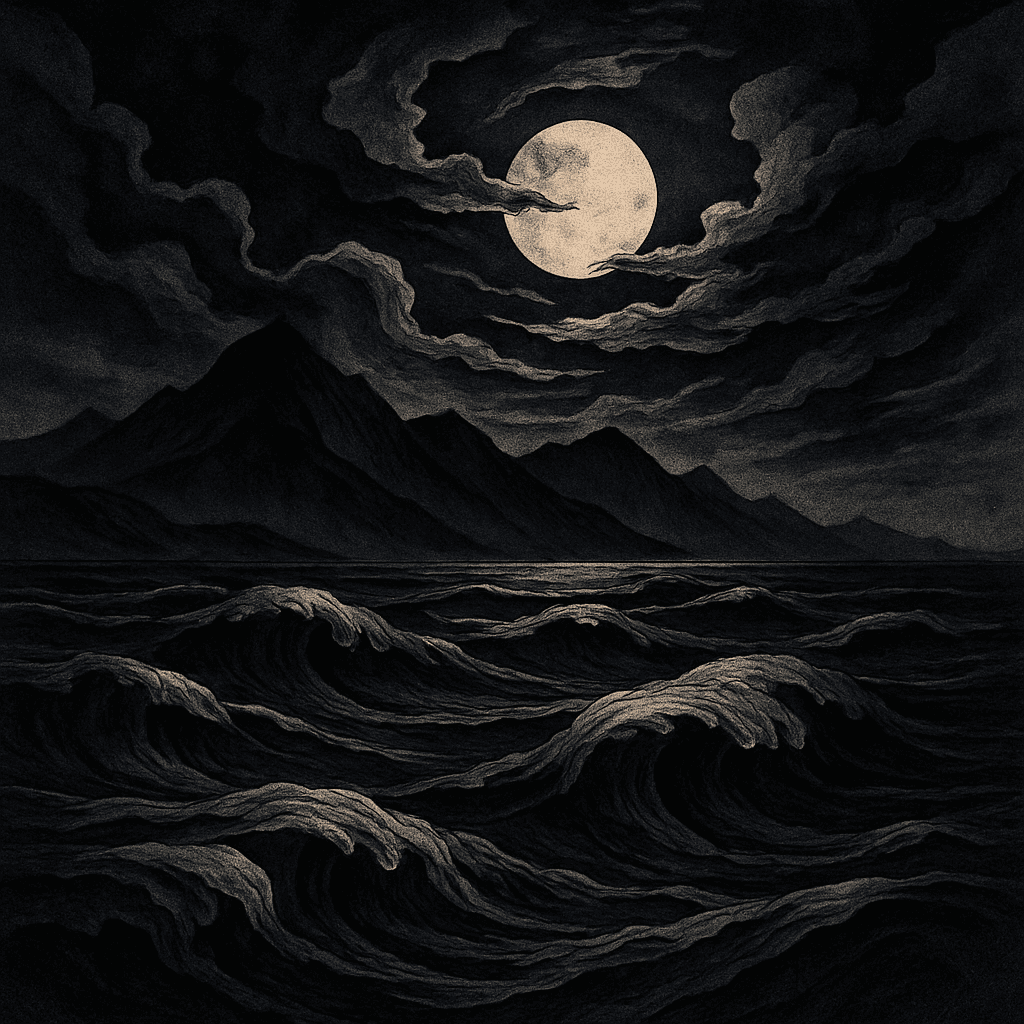 AI generated: style Japanese ink painting, layered, digital art, 3D, A dark fantasy illustration of an ocean with ...