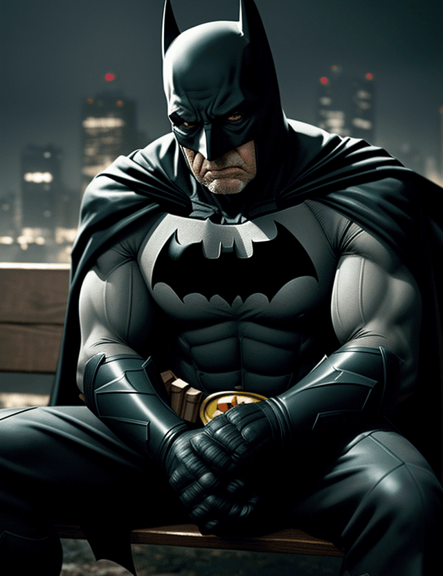AI generated: Batman Field Knight photographed by sofia coppola, MUSCLED OLD MAN looking at the camera, sitting on...