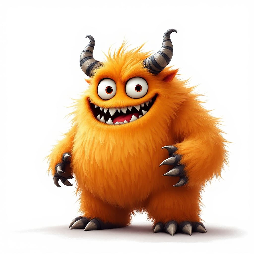 AI generated: A character's hut - A friendly, fluffy orange monster with a round, cheerful face and a wide, toothy...