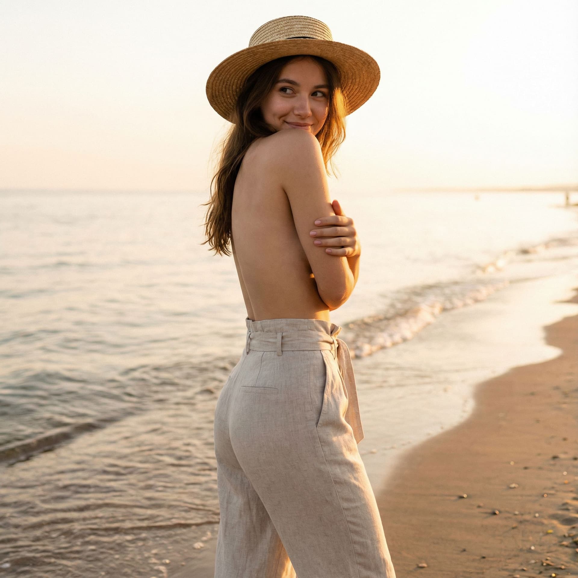 AI generated: ragazza in topless,mwntre si copre il seno