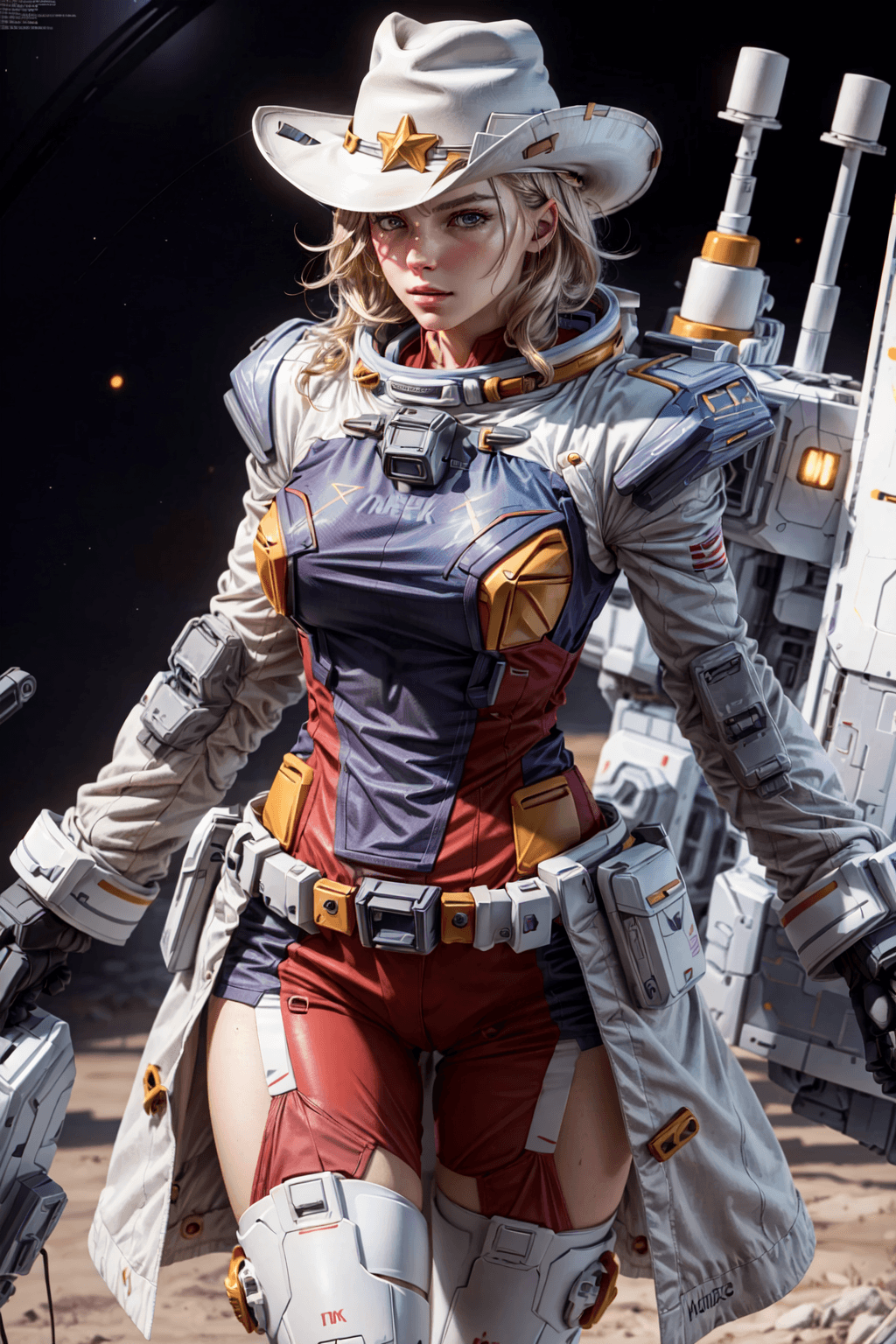 AI generated: (Space Cowgirl:1.4), (trenchcoat:1.4), (cowboy hat:1.4), Gundam armor and glowing accents. mecha, bo...