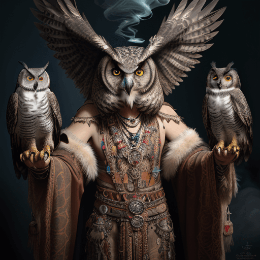 AI generated: incredible depiction of a anthropomorphic eagle-owl shaman, ancient and old, ornate trinkets, elabor...