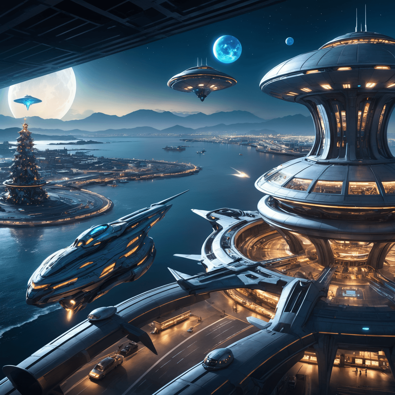 AI generated: Realistic photo, A view of the futuristic Spinks airport looking down from the control tower, There ...