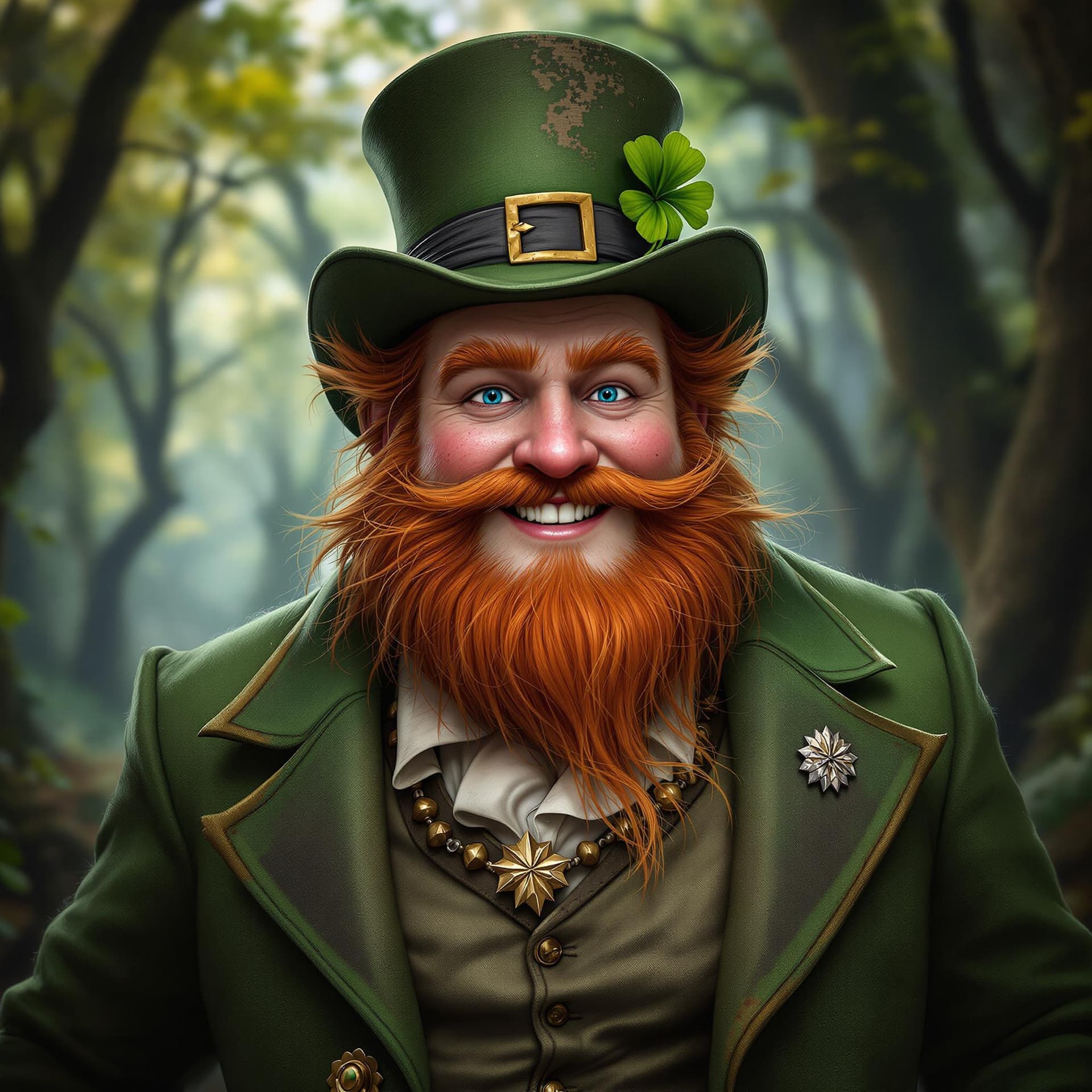 AI generated: ultra realistic fantasy character portrait, plump male leprechaun, young freckled face, handsome, or...