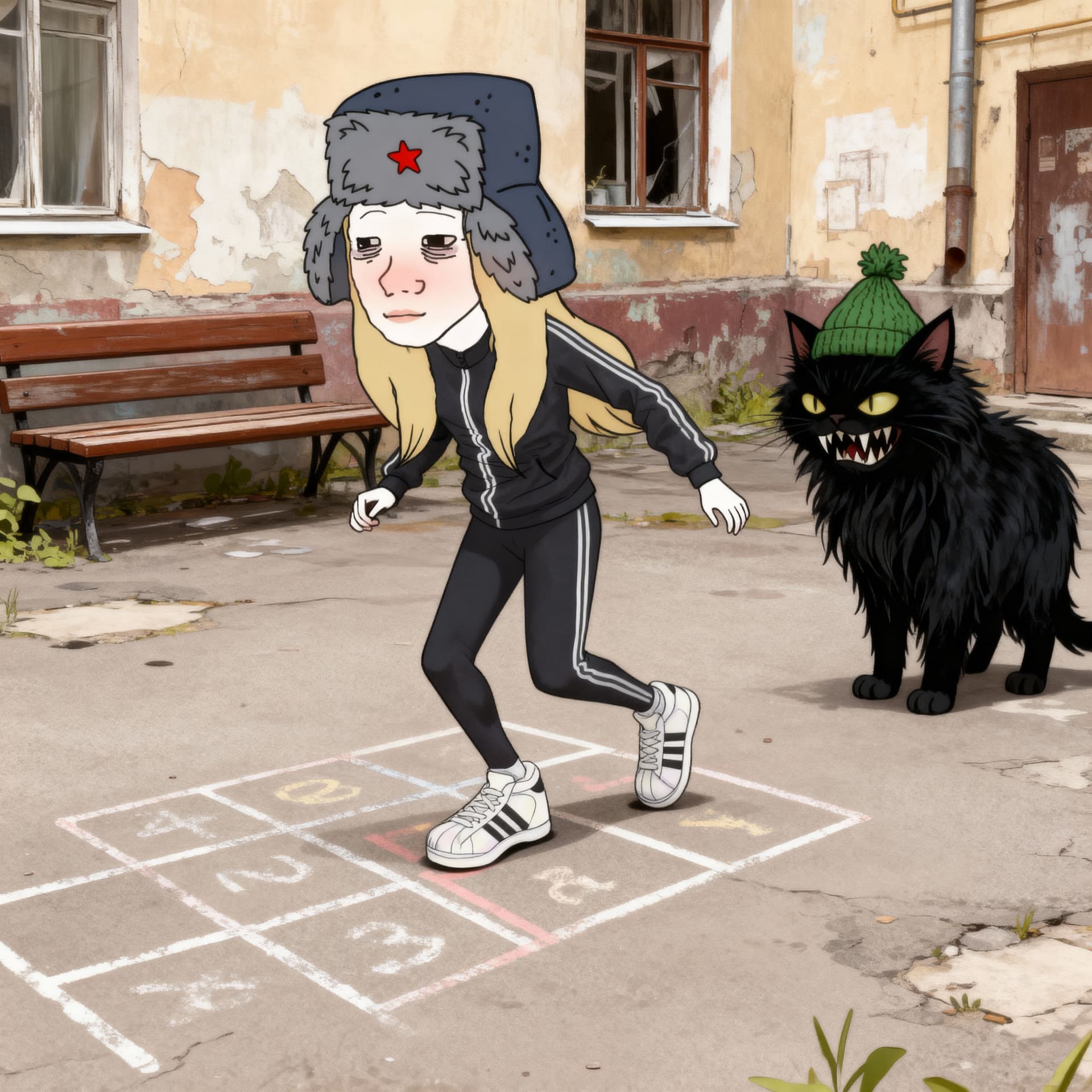 AI generated: meme art,soviet meme,gopnik girl,hopscotch,fluffy black cat watching