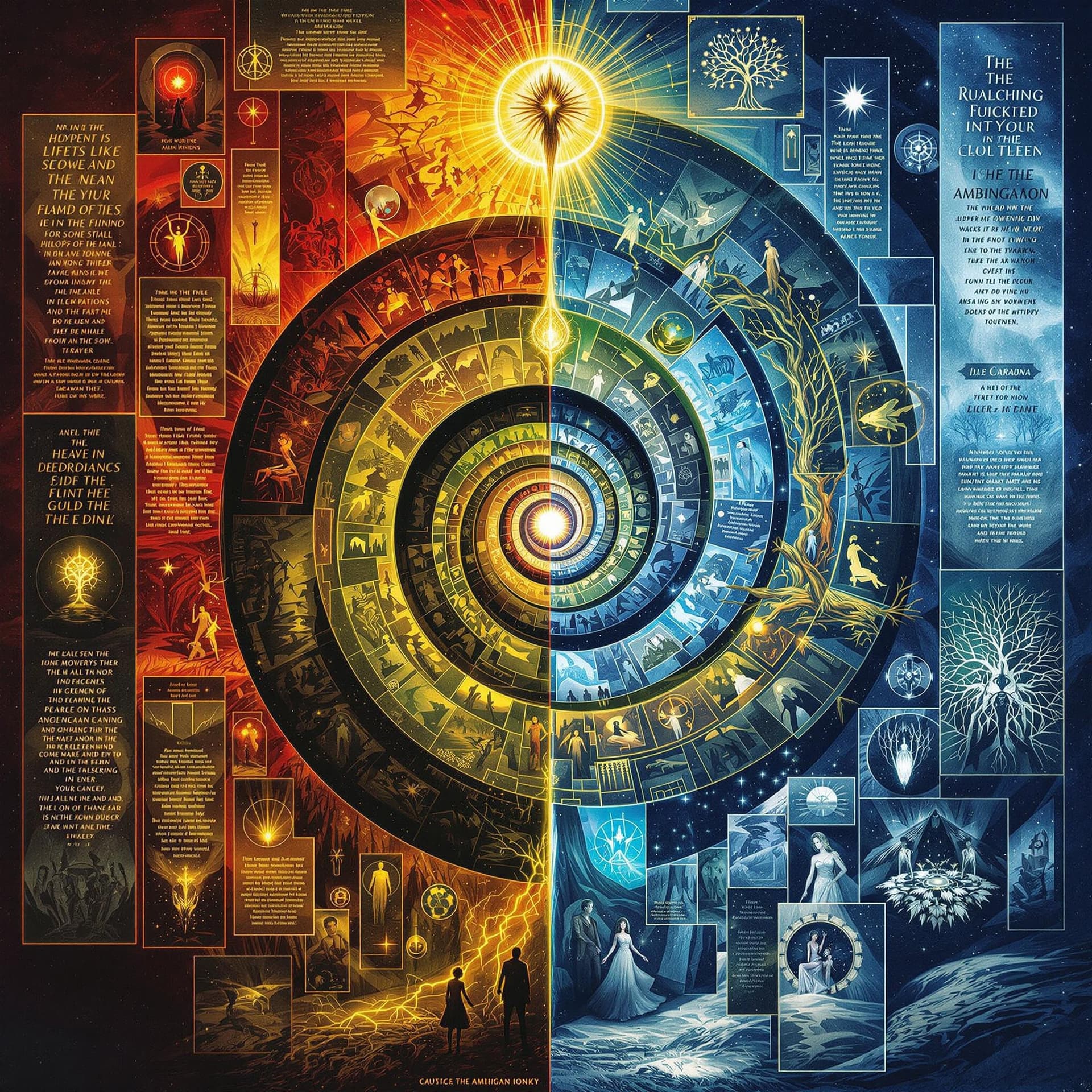 AI generated: A 2048×2048 px digital artwork combining multiple storytelling formats into one cohesive, layered pi...