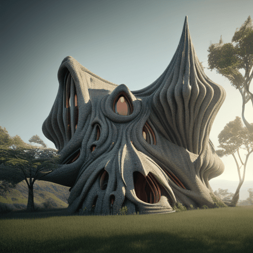 AI generated: , exterior view, twisted house, 3d printed canopy, clay, earth architecture, cavelike interiors, con...
