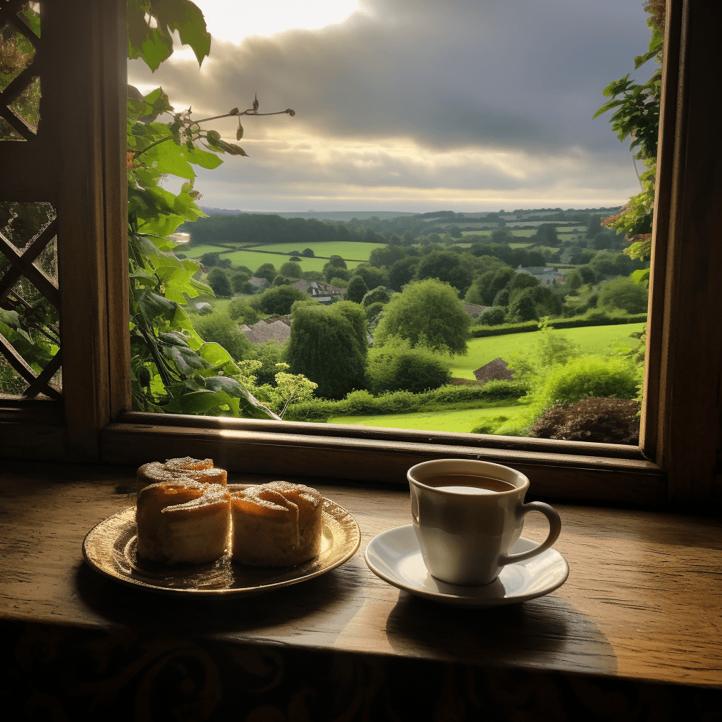 AI generated: A cat sitting on the windowsill of an English cottage, looking out at rolling green fields and dista...
