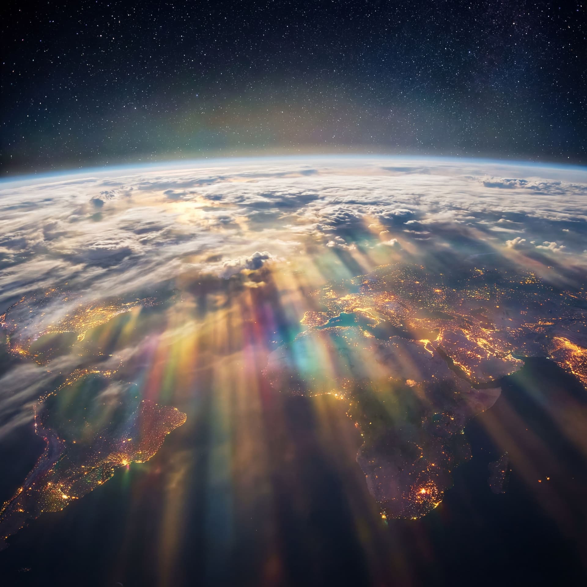 AI generated: Earth in space with lighting, with lighting on its continents, from above the clouds of paradise, re...