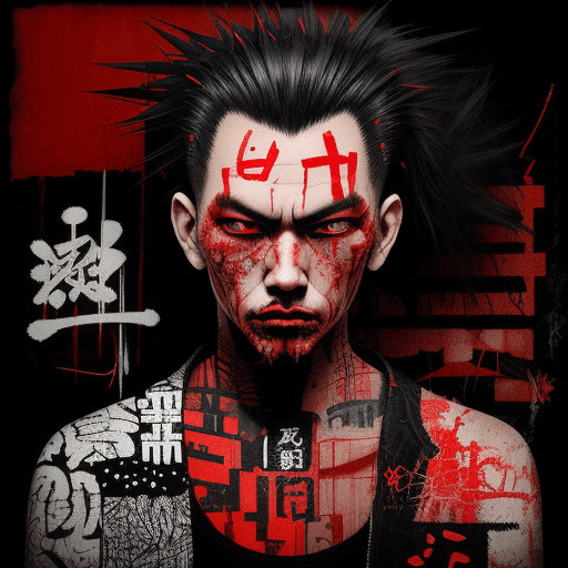 AI generated: Bold man, beautiful details, black and red color tones, wabi-sabi art,  abstract , punk collage ,  u...