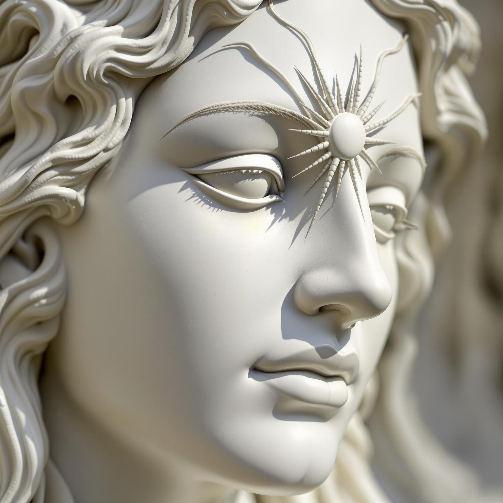 AI generated: A close up of a sculpture of a woman with a sun on her face

