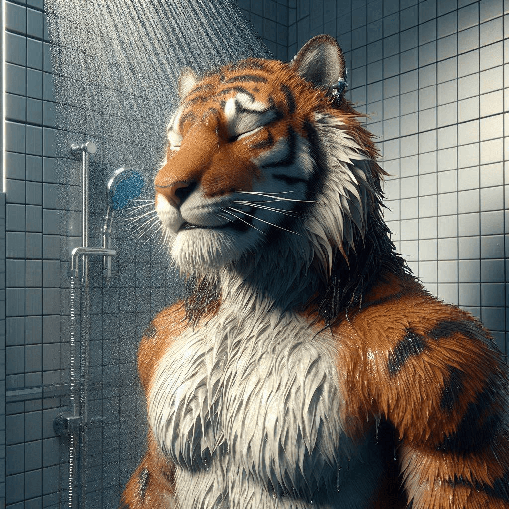 AI generated: 3D animation of a long-furred tiger man standing under a shower of water in a room with a tile floor...