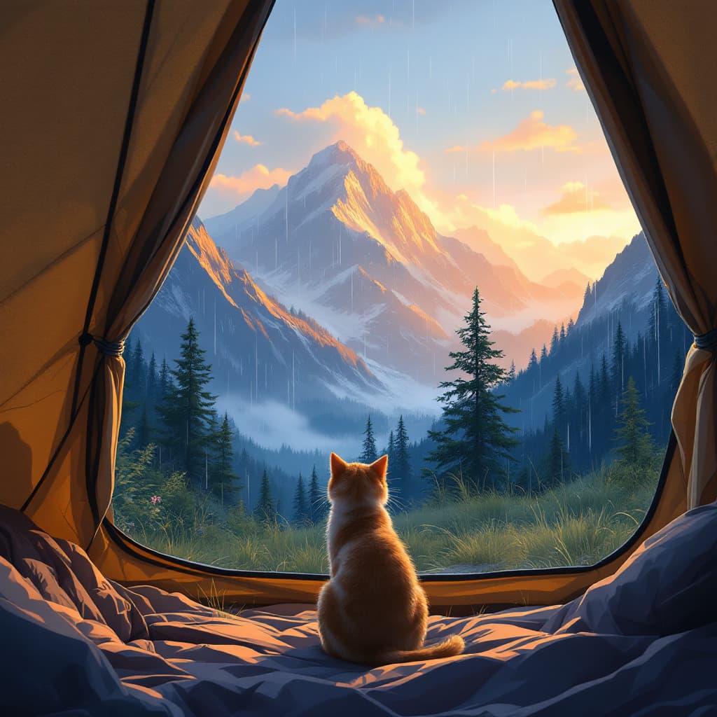 AI generated: Inside the big mountain tent,The entrance to the tent is open and it's raining outside.Only a cat is...