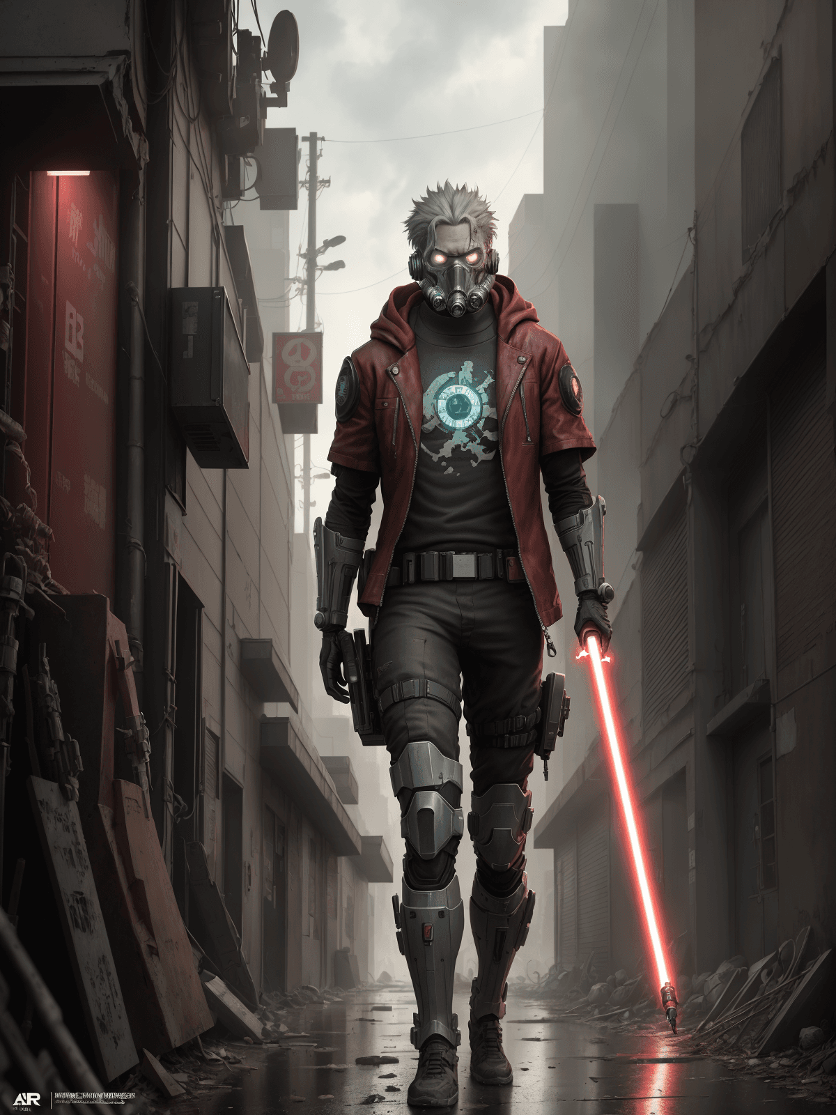 AI generated: anime key visual of cyberpunk man in red cloak walking in Cyberpunk Tokyo City, from the anime Chain...
