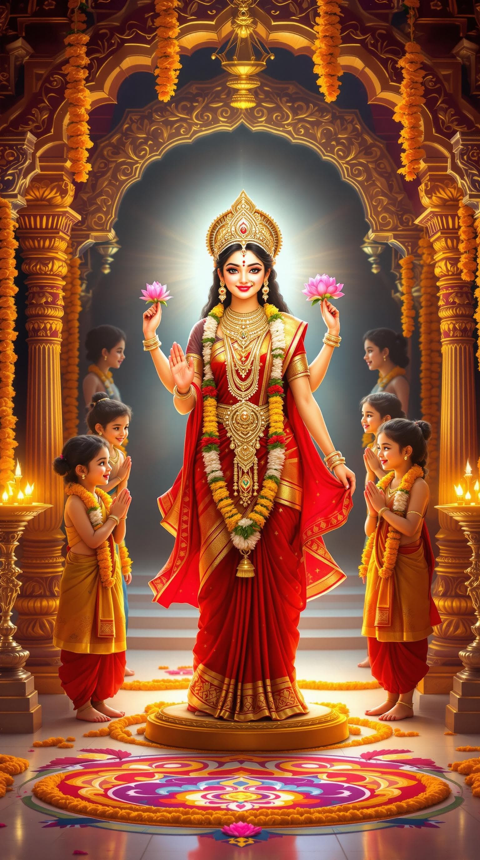 AI generated: "A divine, ultra-HD 8K digital painting of a young Goddess Lakshmi in a beautifully decorated temple...