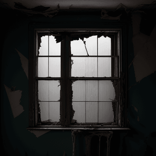 AI generated: Colored Second floor window from outside of an abandoned, old, haunted and dark house, the window is...