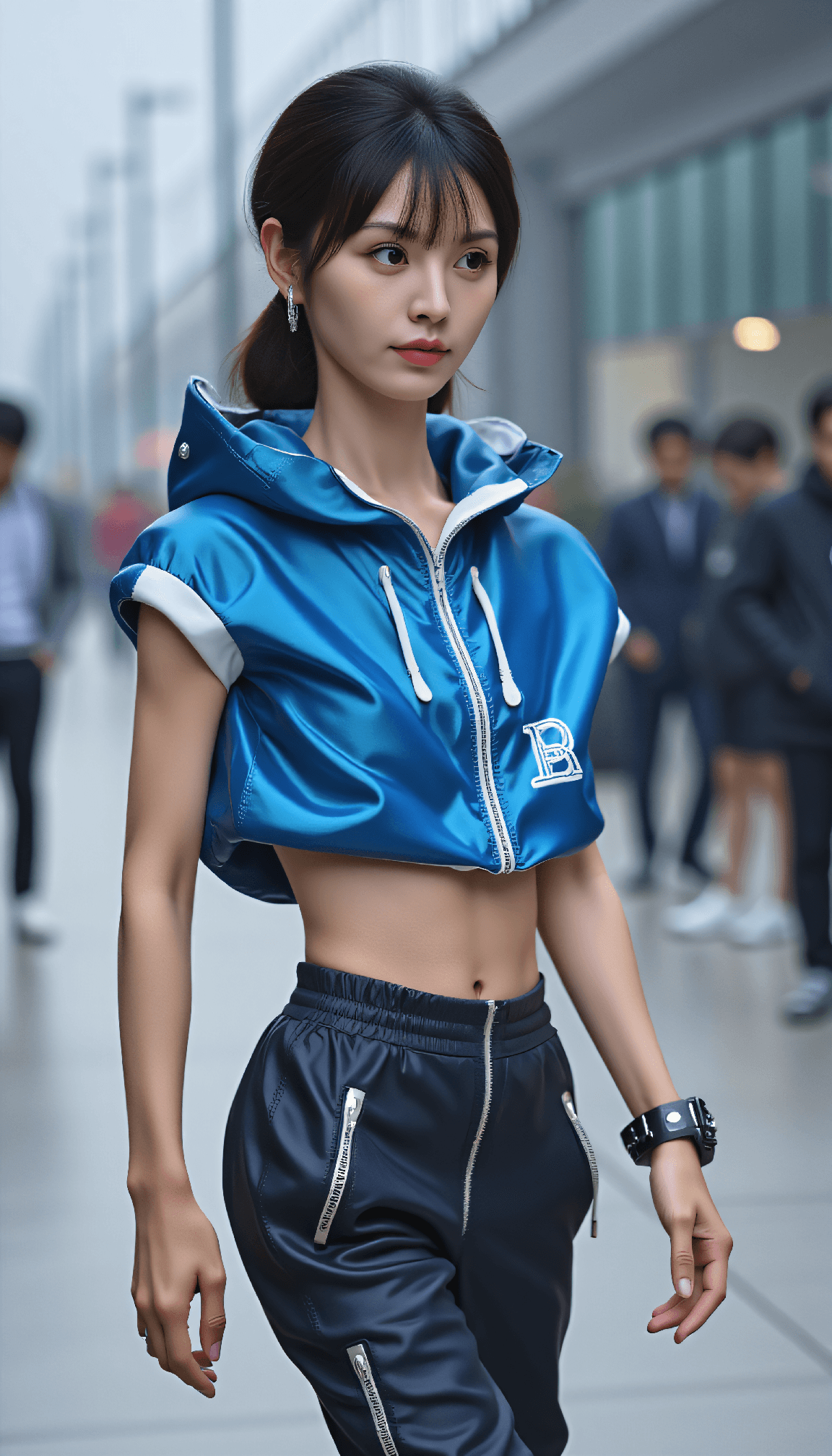 AI generated: street fashion photography, Street fashion shot from a distance photo of a 24-year-old Comanche-Chec...