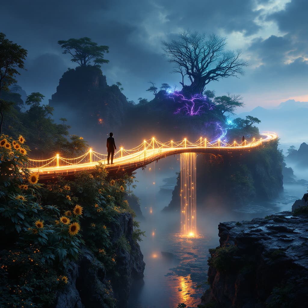 AI generated: 
"Create an photorealistic pictue of a bridge made entirely out of glowing, colorful lights that con...