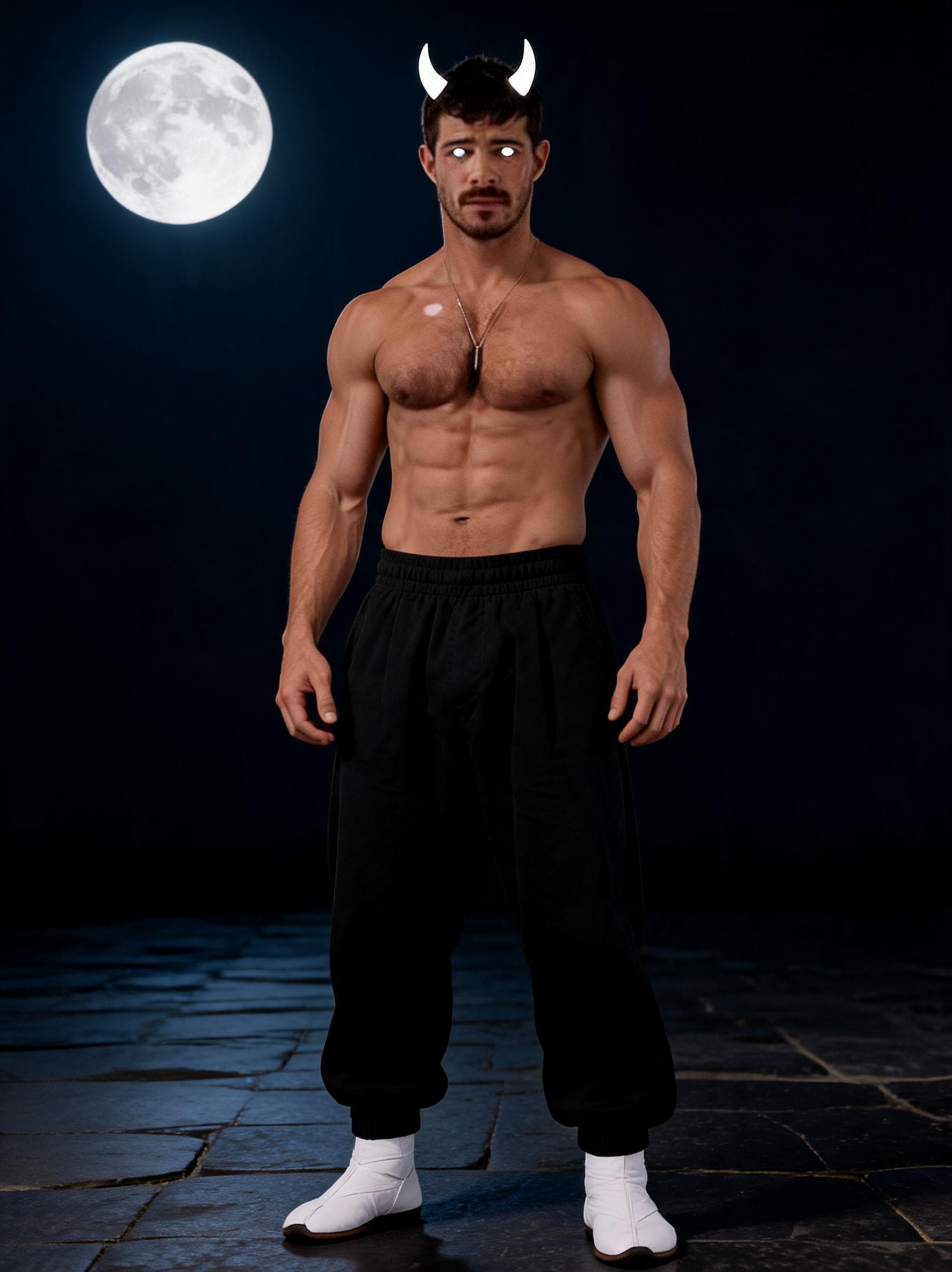 AI generated: a muscular man with black hair and black facial hair shirtless with loose black training pants, and ...
