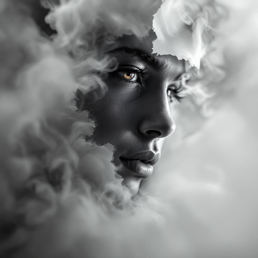 AI generated: A hyperrealistic, cinematic shot , white background of an eye peeking through ripped paper with the ...