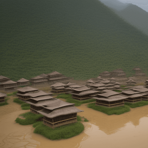 AI generated: cluster of mud and bamboo houses dispersed across a coarse land overrun with bamboo
