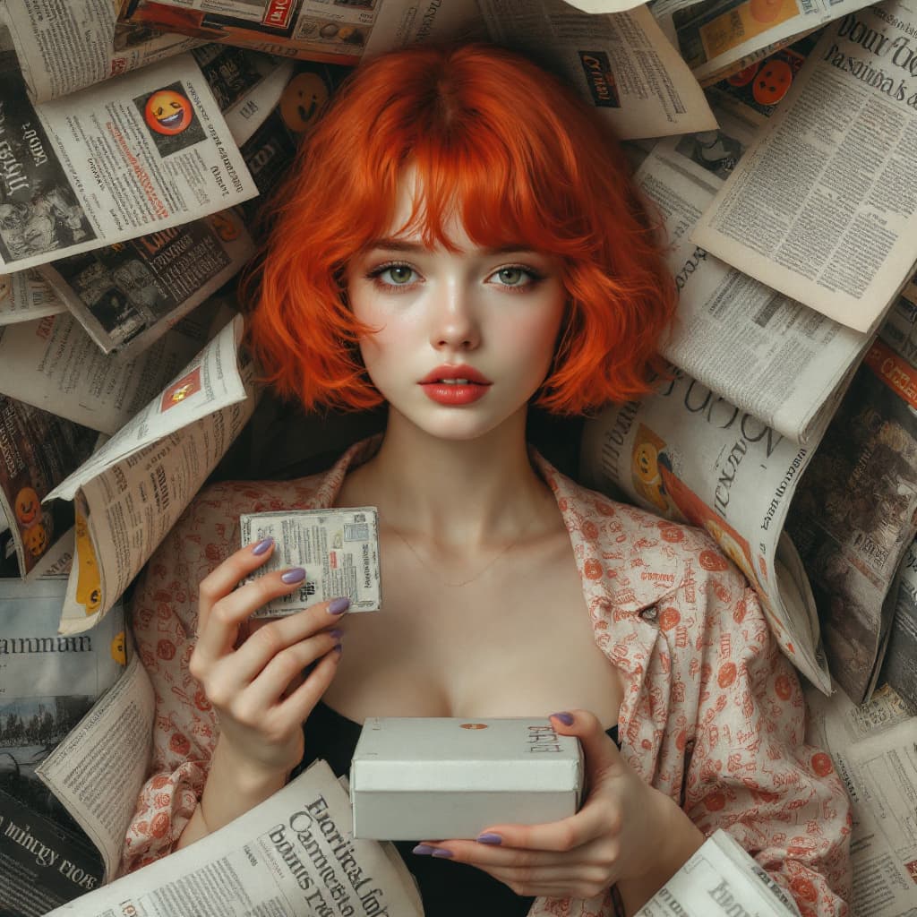 AI generated: A painting of a red short haired girl surrounded by newspapers, holding a small box in one hand. Whi...