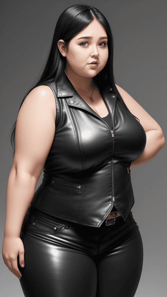 AI generated: 30 year old chubby woman, biceps, long black hair, wears sleeveless biker vest, wears leather pants