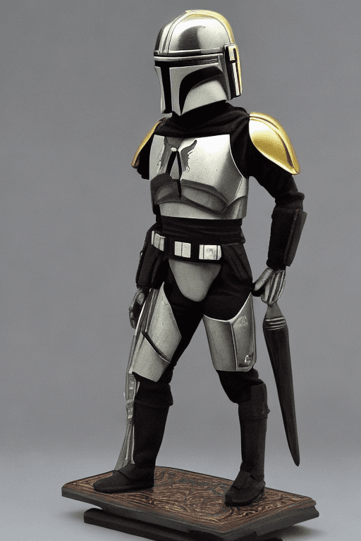 AI generated: full body Porcelain, an elegant vintage Mandalorian helmet figurine, statuette, with silver on black...