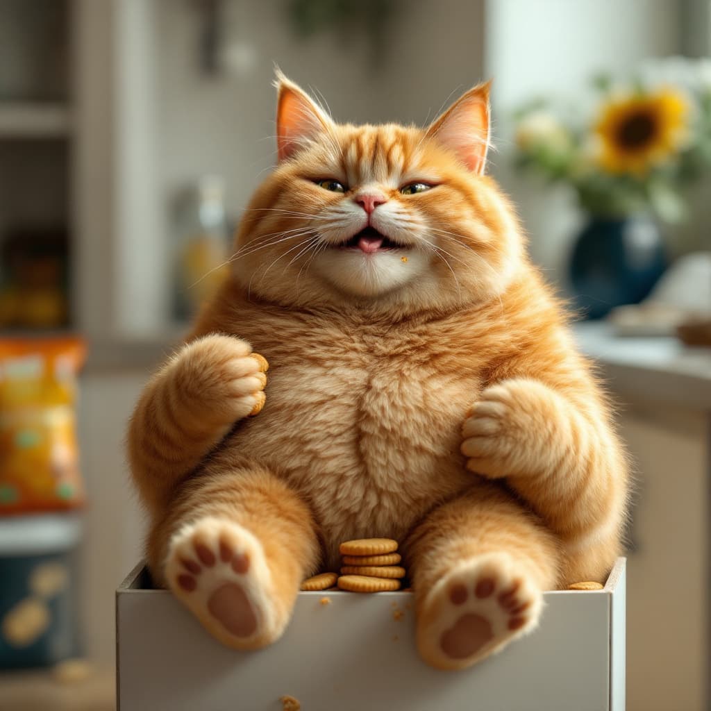 AI generated: An anthropomorphic fat short-haired orange cat sits in a white cabinet, leaning on a pile of open sn...