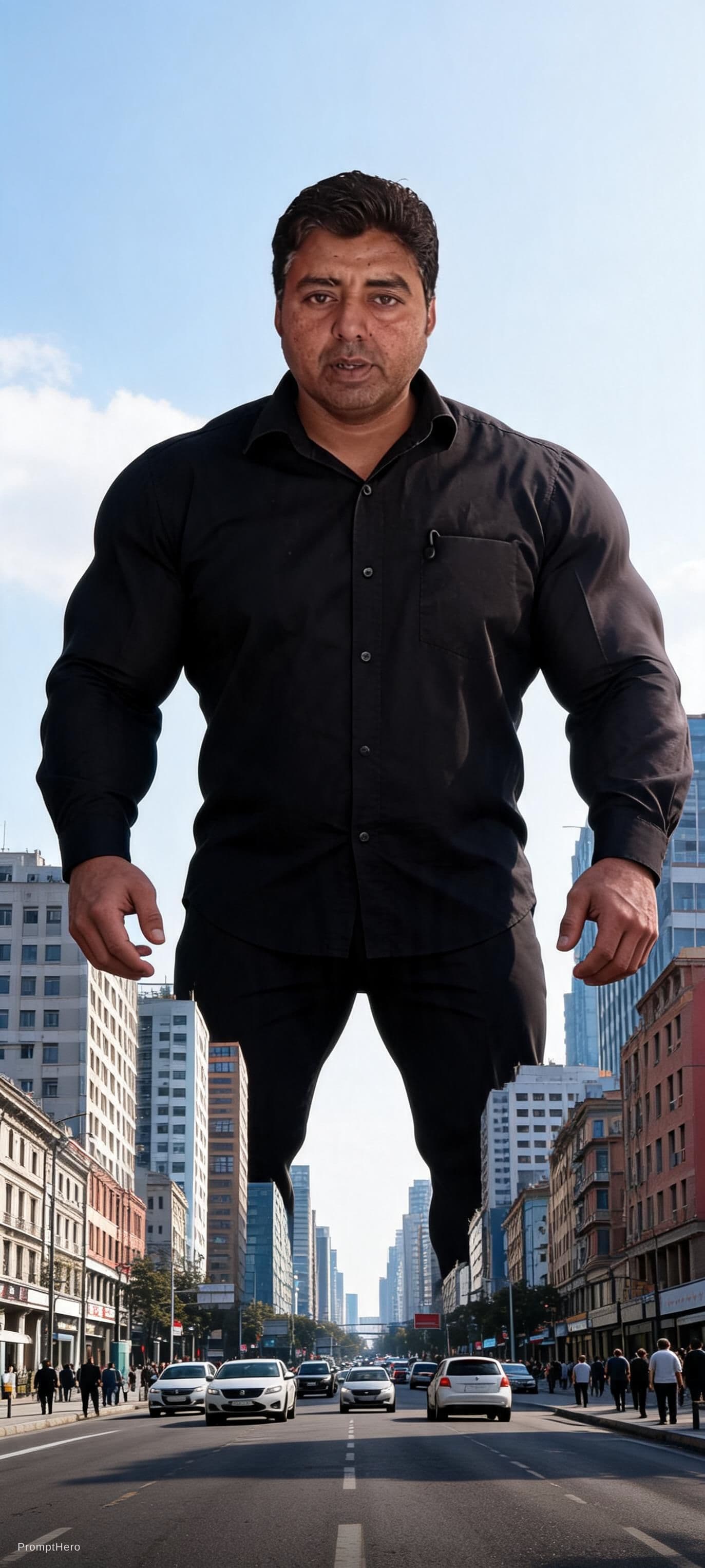 AI generated: Kindly generate an image where 
The person is in the street and he is the tallest one means he is ha...