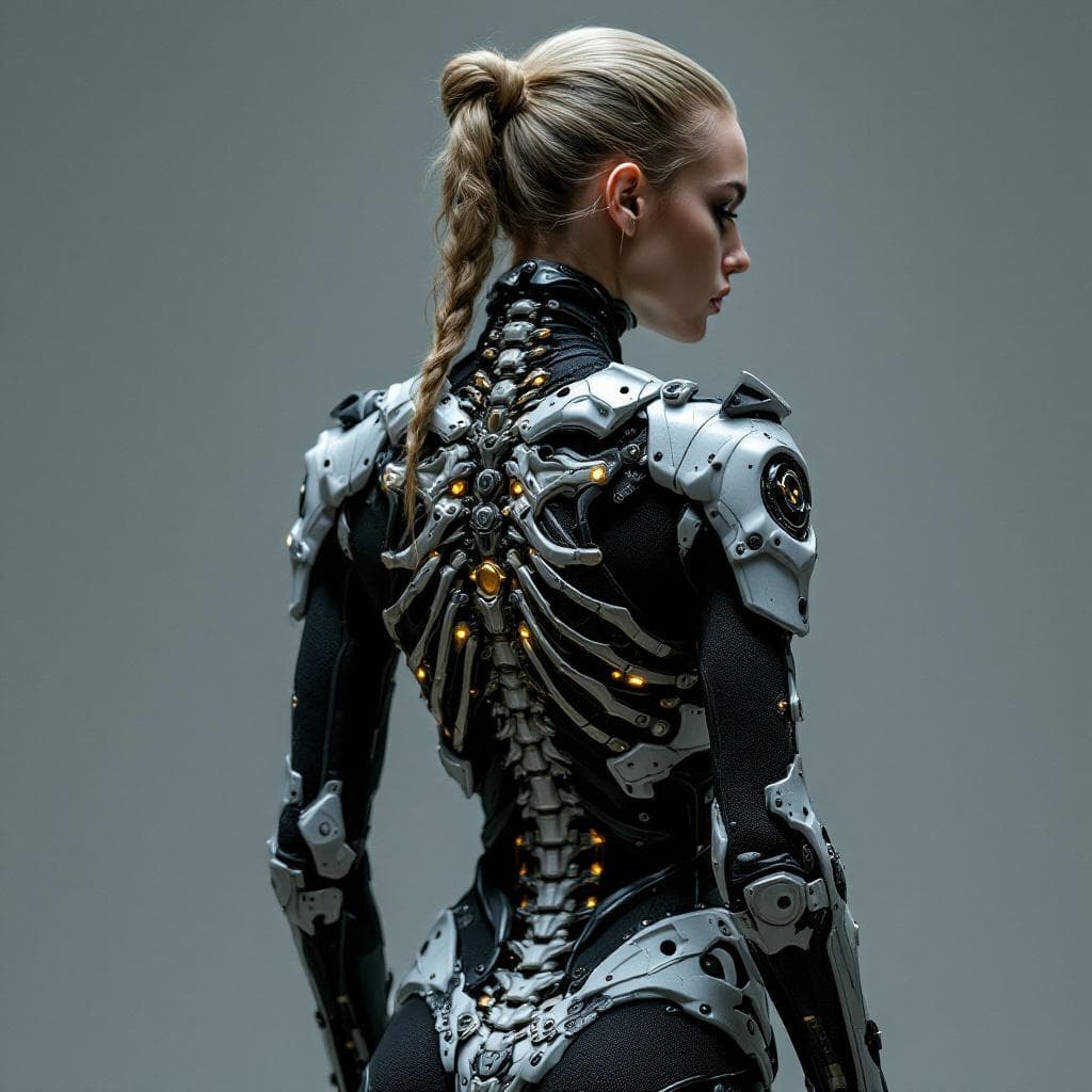 AI generated: photography, woman model, 45-degree angle rear view, detailed exoskeleton jacket, inspired by skelet...