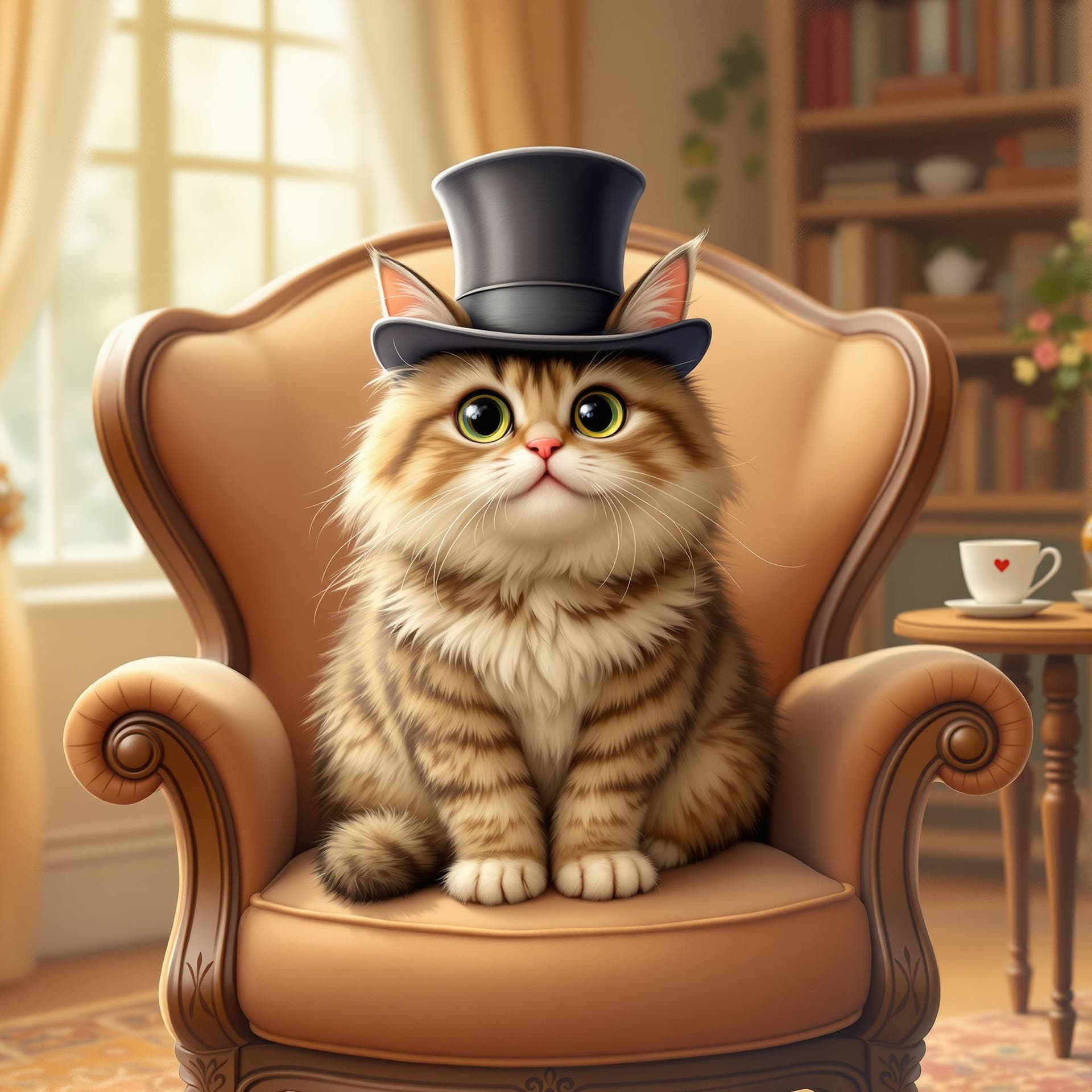 AI generated: "A cute, fluffy cat wearing a stylish top hat, sitting calmly on a Victorian-style armchair. The cat...