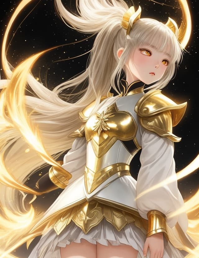 AI generated:  Full body, a litlle asian girl , pony tail hair , wear a graceful thin gold Armor,full length digit...