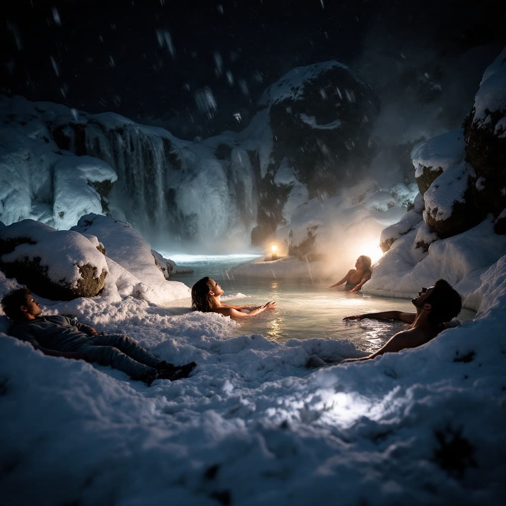 AI generated: Photo style, heavy snow, hot springs, small waterfalls, dark night, strong winds, one person lying o...