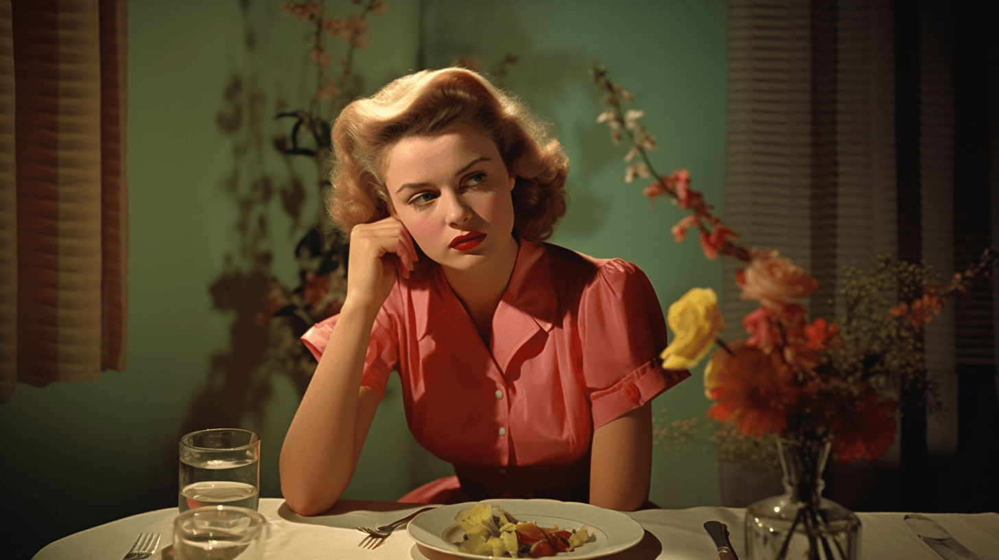 AI generated: Lofi photography, housewife eats dinner alone, 1950s, melancholy, bright colors