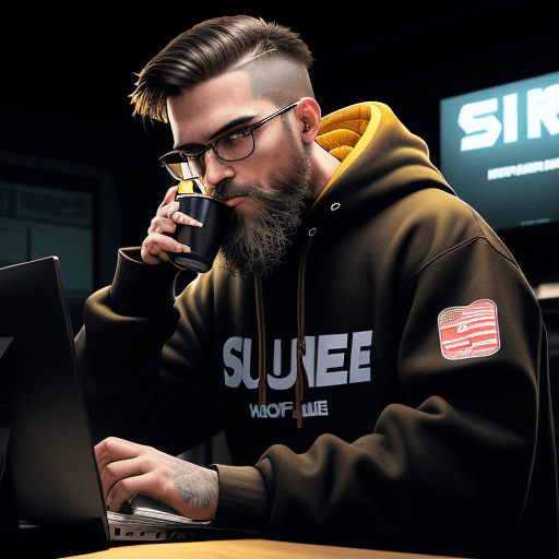 AI generated: hacker, front posture, dark room, coder, computer, man, medium beard, cool, grunge, (typing), ultra ...