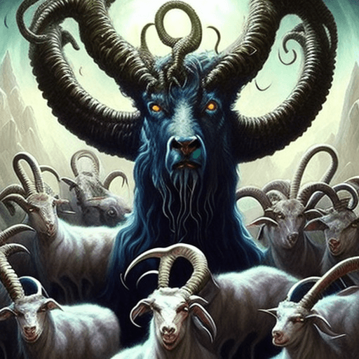 AI generated: Lovecraftian shepherd surrounded by a flock of giant lovecraftian goats. HP Lovecraft, horror, night...