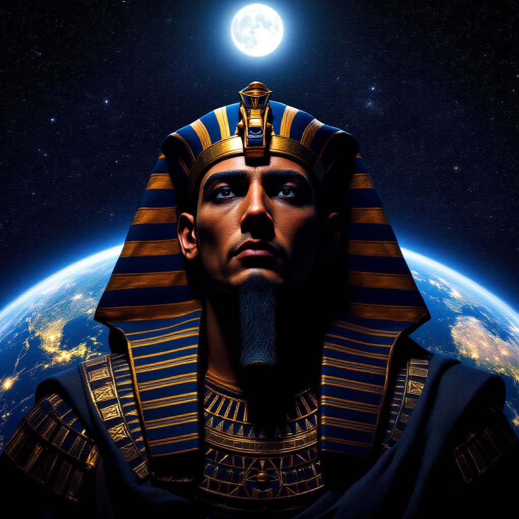 AI generated: A majestic portrait of King Ramses II, his powerful regal face looking forward with an intense, maje...