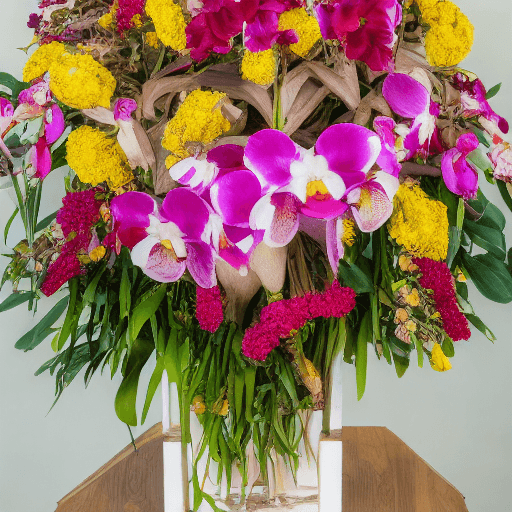AI generated: wide angle photograph of a large and bountiful orchid and wild blossoms arrangement being displayed:...