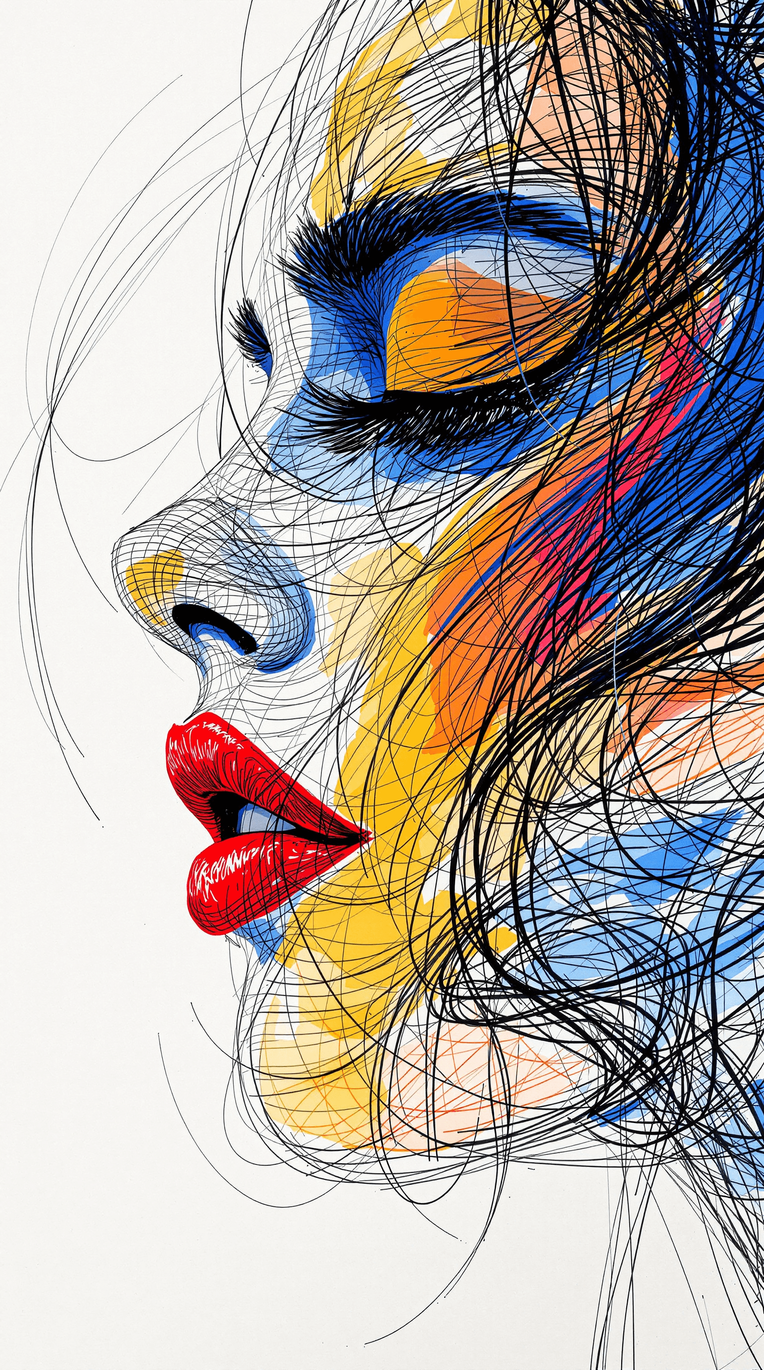 AI generated: A **highly detailed, abstract continuous line art portrait** of a **woman’s face in side profile**, ...