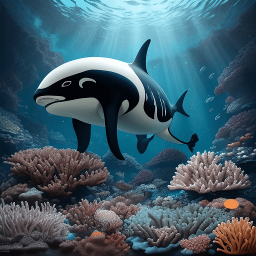 AI generated: Most Beautiful orca in deep sea teeming with vibrant corals, diverse marine life, and enchanting und...